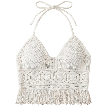 Dame Boho heklet haltertopp med frynser – moteriktig sommertopp for festivaler og strand