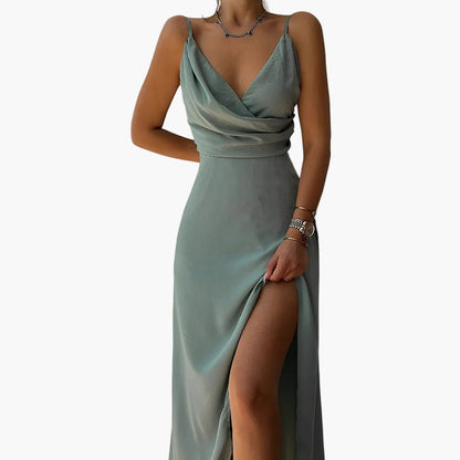 Vestido de noche para mujer con abertura y escote cruzado – Vestido largo elegante para ocasiones especiales