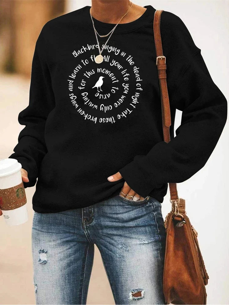 Damen Sweatshirt Rundhals mit Vogel-Print und Spruch