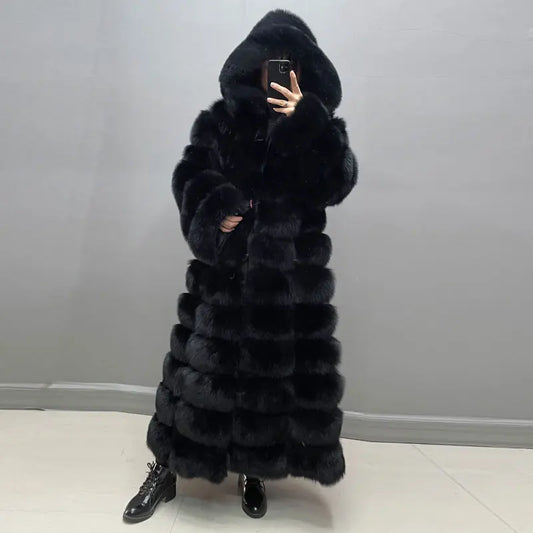 Langer Kunstfellmantel mit Kapuze für Damen, Schwarz