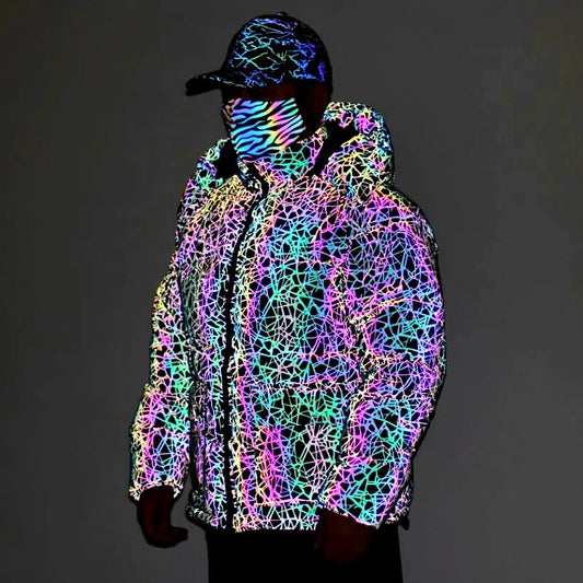 Reflektierende Pufferjacke mit Kapuze für Herren, Unisex Winterjacke, leuchtend bunte Muster