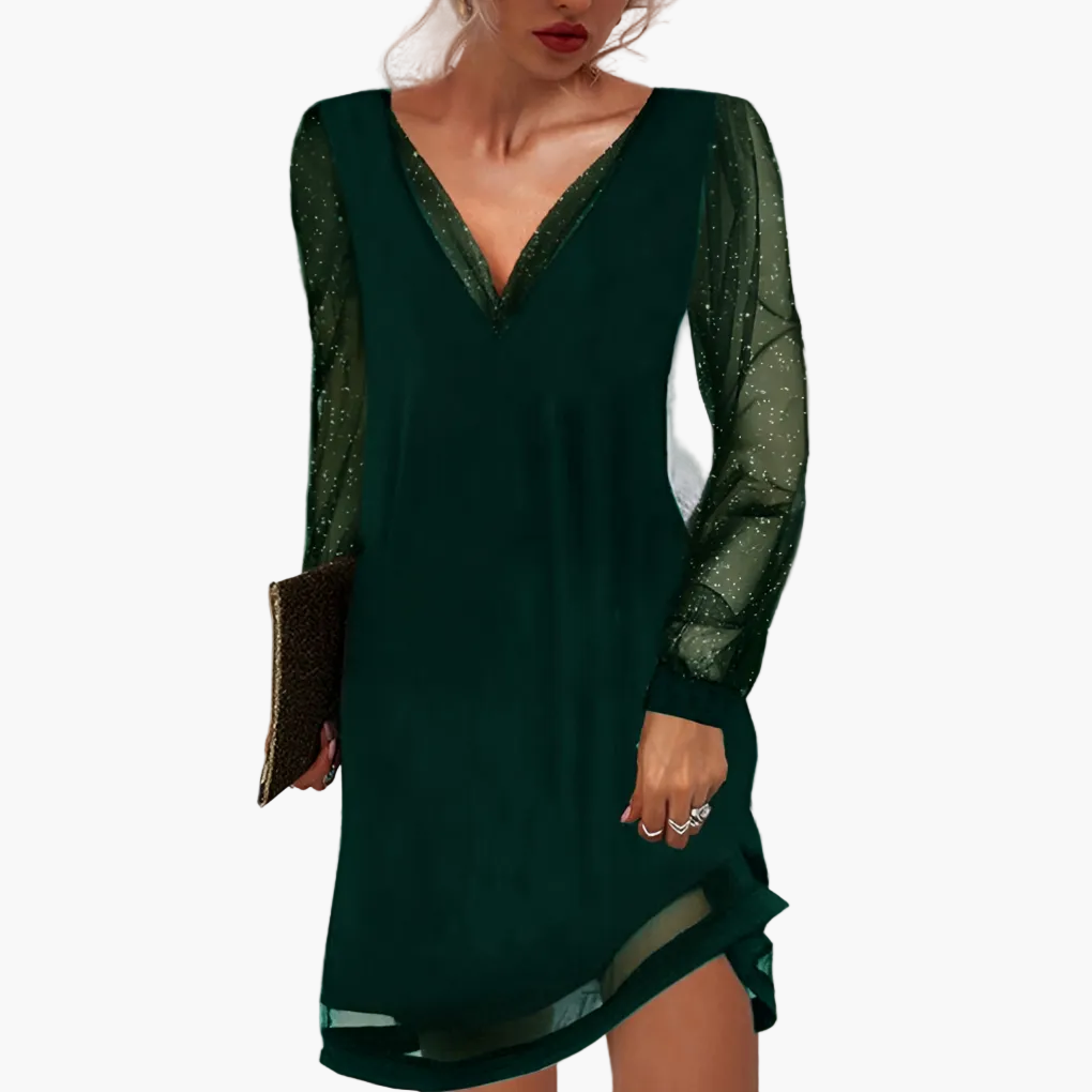 Damen Abendkleid mit Glitzer-Mesh-Ärmeln und V-Ausschnitt – Elegantes Partykleid für festliche Anlässe