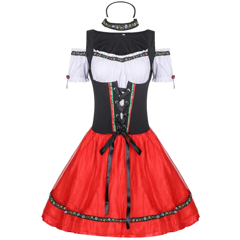 Damski krótki kostium ludowy typu dirndl, czarno-czerwono-biała sukienka na Oktoberfest
