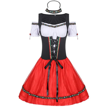 Damski krótki kostium ludowy typu dirndl, czarno-czerwono-biała sukienka na Oktoberfest