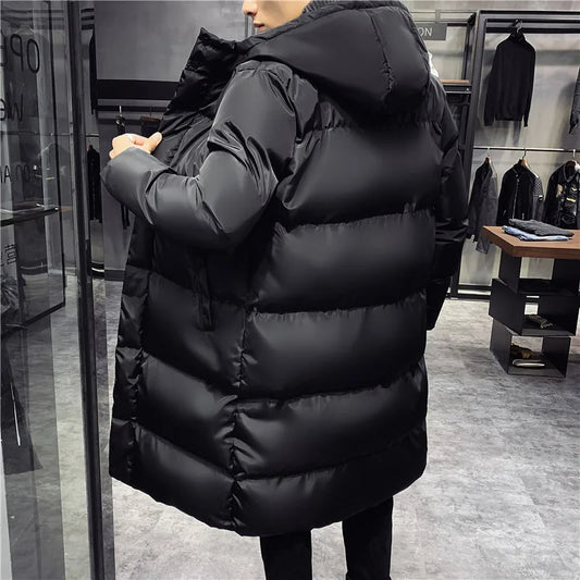 Herren Langer Puffer Steppmantel Schwarz mit Kapuze
