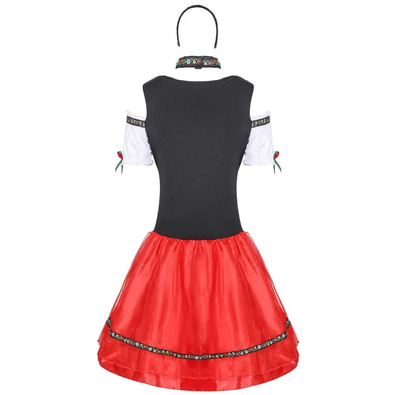 Damski krótki kostium ludowy typu dirndl, czarno-czerwono-biała sukienka na Oktoberfest