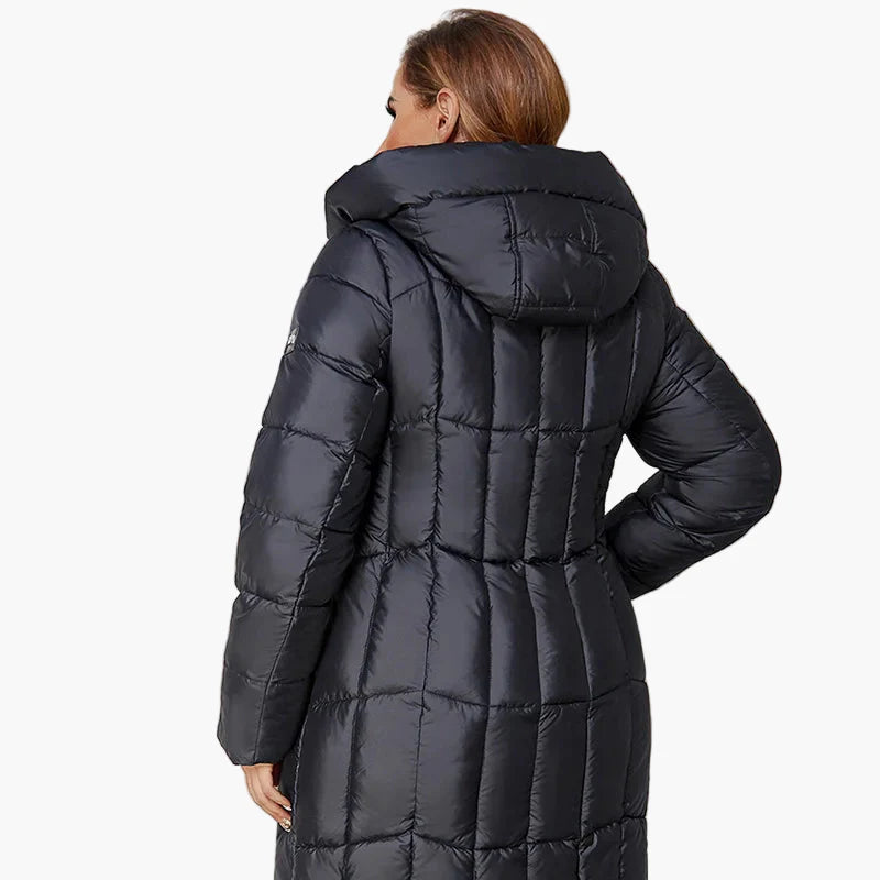 Dames winter gewatteerde mantel met capuchon, modieuze lange overgangsparka, ideaal voor koude dagen