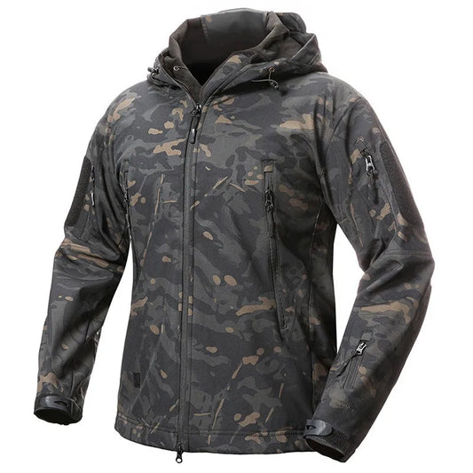 Giacca softshell tattica da uomo da outdoor con cappuccio e motivo mimetico