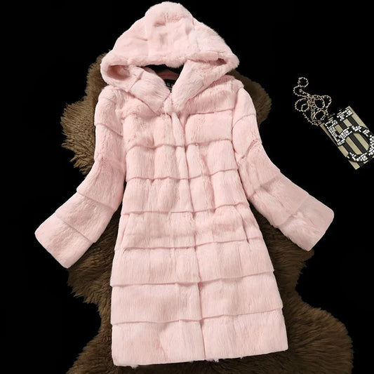 Manteau long en fausse fourrure pour femme avec capuche, manches longues, rose