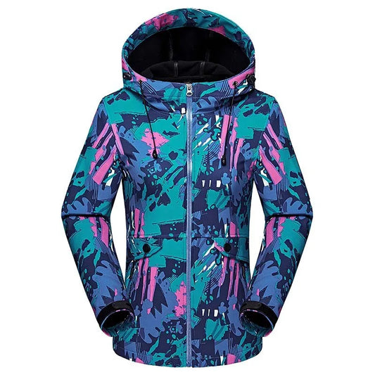 Veste d’extérieur pour femme avec capuche et motif turquoise, rose et bleu
