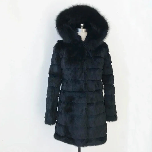 Veste d’hiver noire pour femme avec capuche et bordure en fausse fourrure