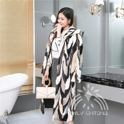 Cappotto da donna con cappuccio, motivo chevron multicolore, giacca invernale lunga