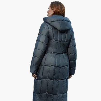 Dames winter gewatteerde mantel met capuchon, modieuze lange overgangsparka, ideaal voor koude dagen