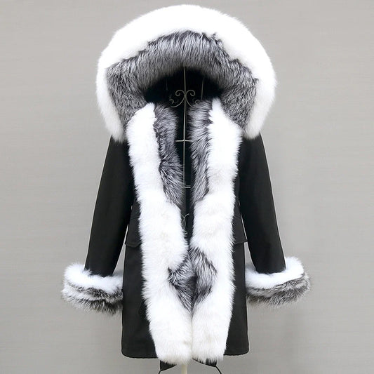 Winterparka mit Kapuze und Kunstfellbesatz Schwarz Weiß