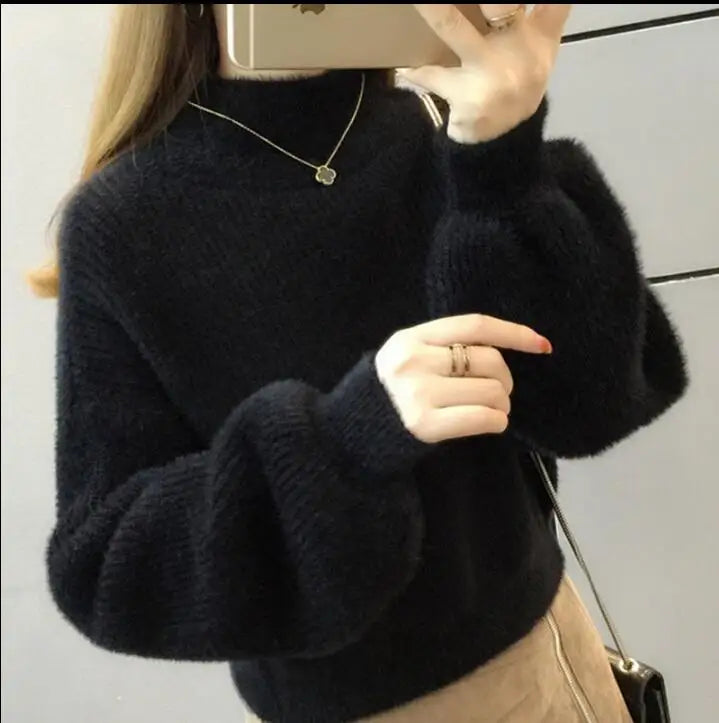 Weicher Damen Pullover mit Rollkragen und Puffärmeln
