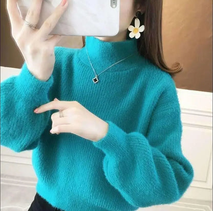 Weicher Damen Pullover mit Rollkragen und Puffärmeln