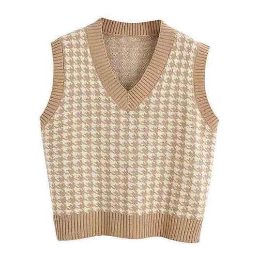 Pullover smanicato da donna in maglia con scollo a V e motivo pied de poule