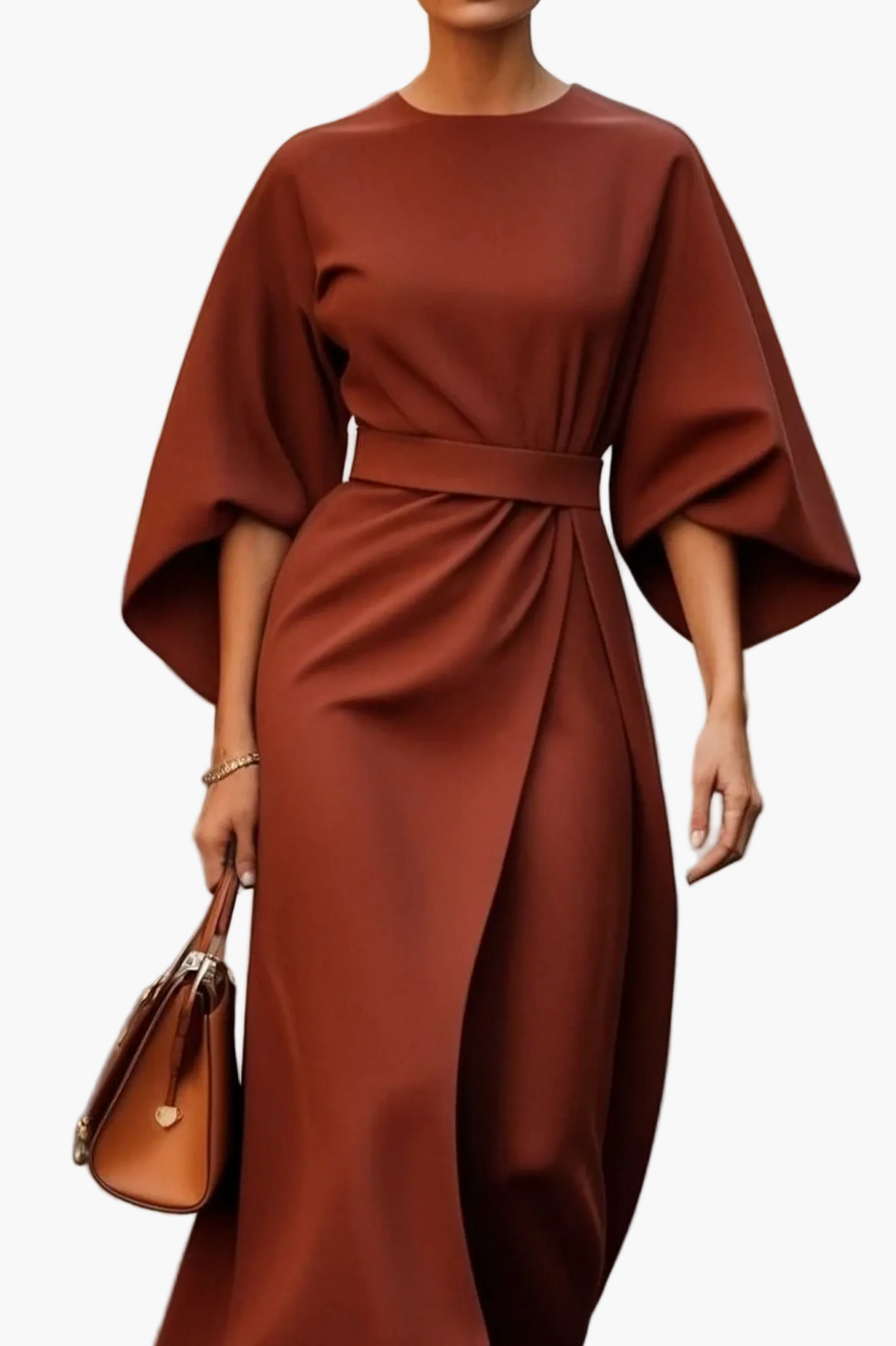 Damen Midi-Kleid mit Gürtel und eleganten Laternenärmeln – Stilvolles Business- & Anlasskleid