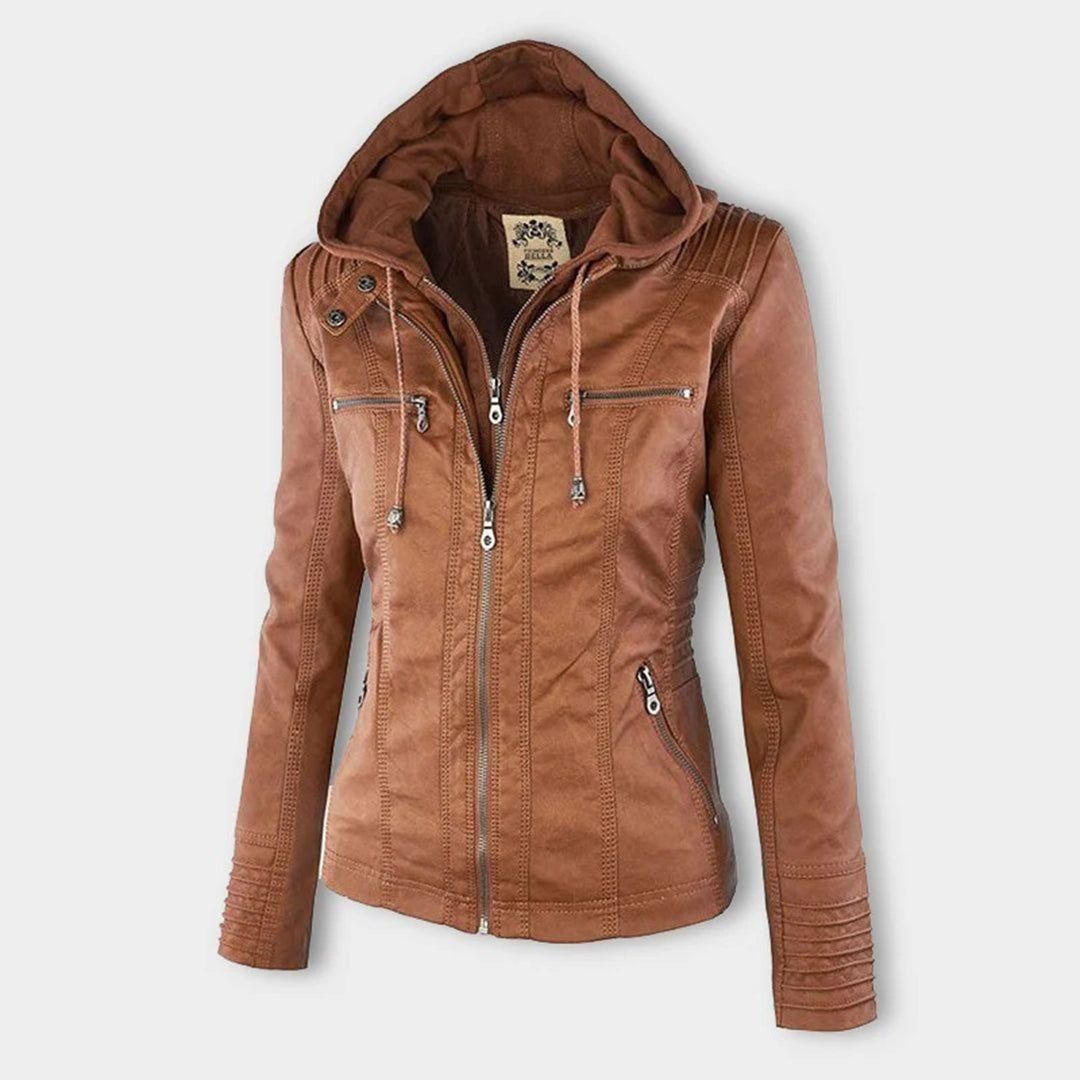 Giacca autunnale da donna con cappuccio – Giacca in pelle vegana alla moda per tutti i giorni e tempo libero