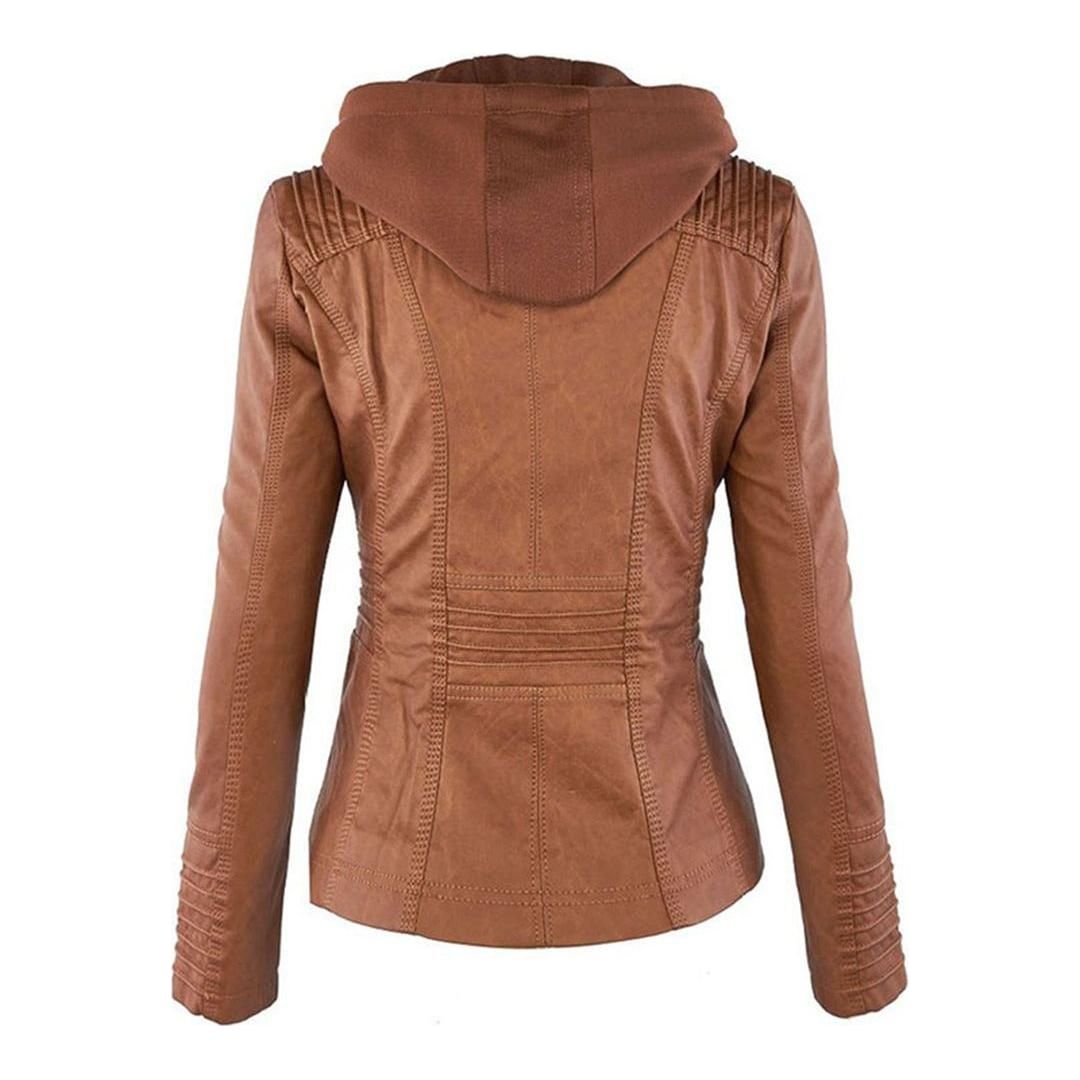 Giacca autunnale da donna con cappuccio – Giacca in pelle vegana alla moda per tutti i giorni e tempo libero