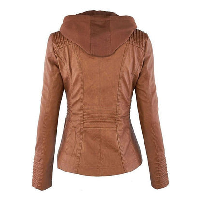 Giacca autunnale da donna con cappuccio – Giacca in pelle vegana alla moda per tutti i giorni e tempo libero