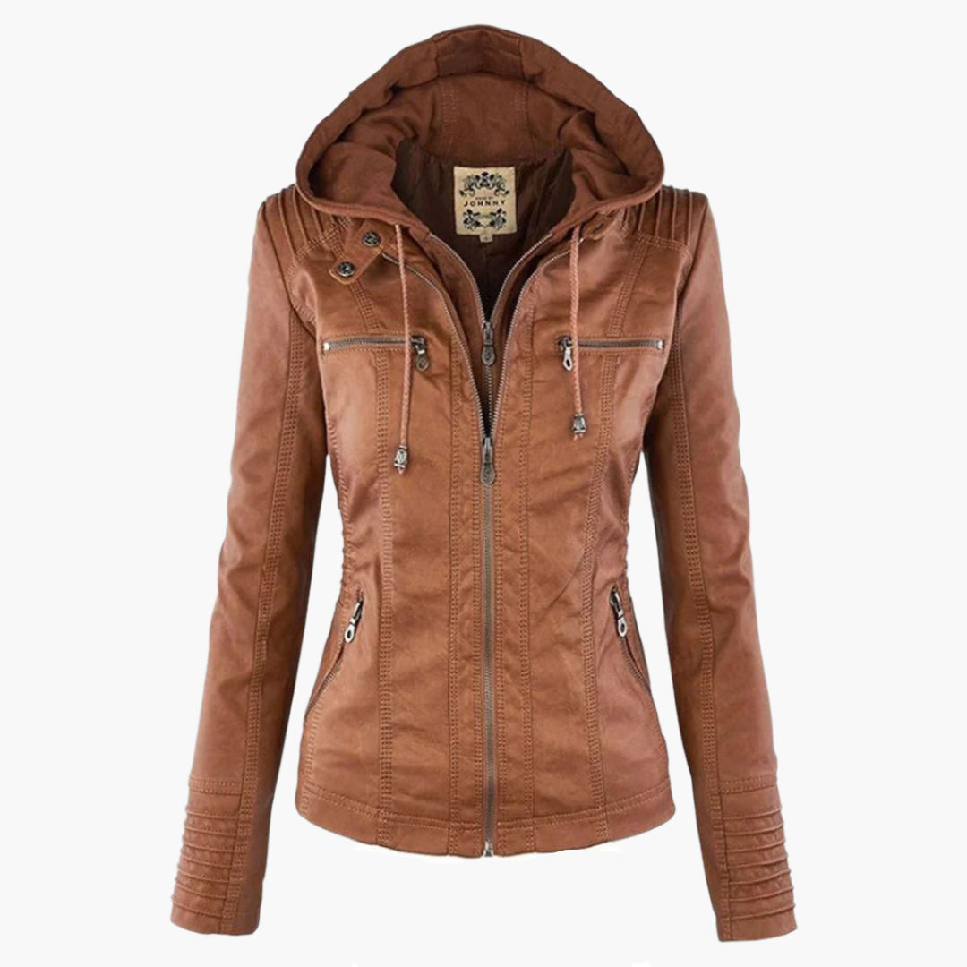 Giacca autunnale da donna con cappuccio – Giacca in pelle vegana alla moda per tutti i giorni e tempo libero