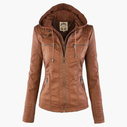 Giacca autunnale da donna con cappuccio – Giacca in pelle vegana alla moda per tutti i giorni e tempo libero
