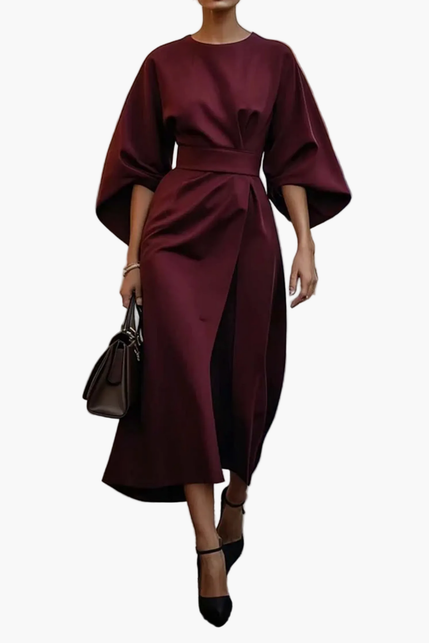 Damen Midi-Kleid mit Gürtel und eleganten Laternenärmeln – Stilvolles Business- & Anlasskleid