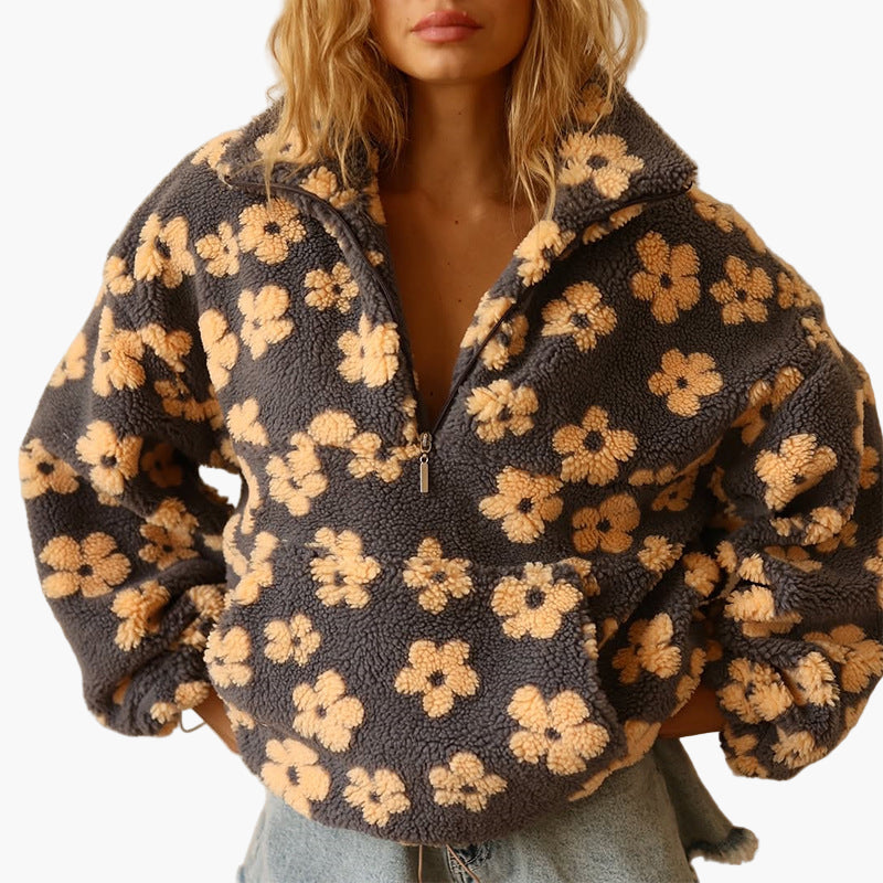 Pull polaire bohème femme à motif floral – Sweat douillet pour loisirs en automne et soirées cosy