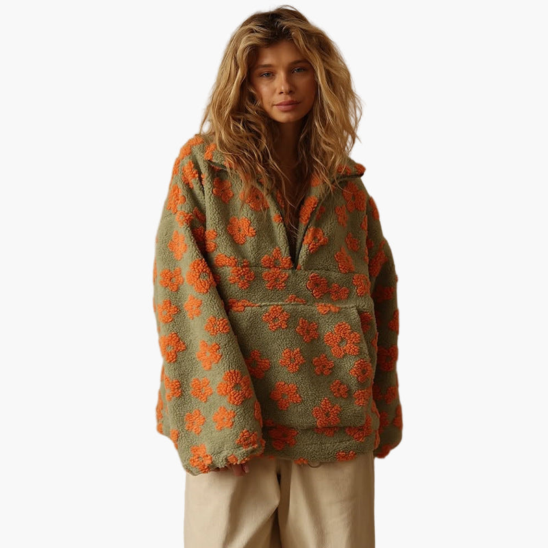 Pull polaire bohème femme à motif floral – Sweat douillet pour loisirs en automne et soirées cosy