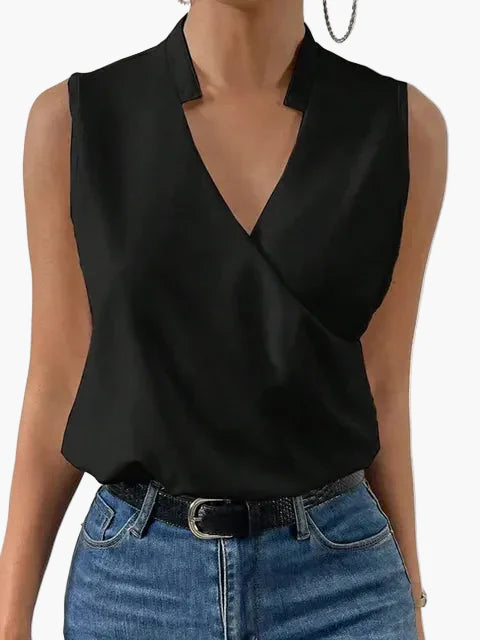 Top estivo da donna scollo a V effetto incrociato senza maniche – Camicia elegante per tempo libero e ufficio