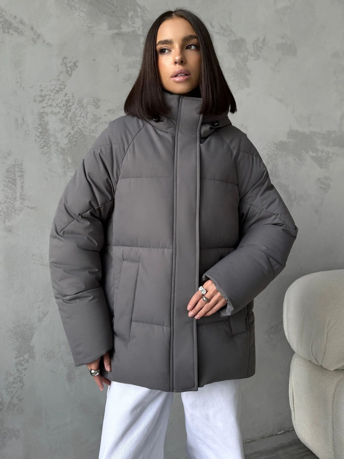Oversized gewatteerde jas voor dames met capuchon en ingewerkte zakken