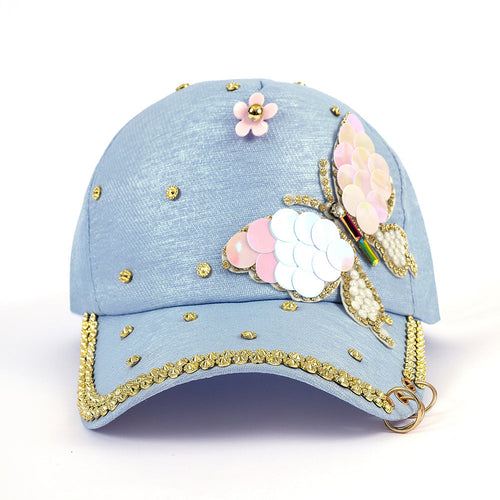 Baseballpet voor dames met vlindermotief en strassversiering