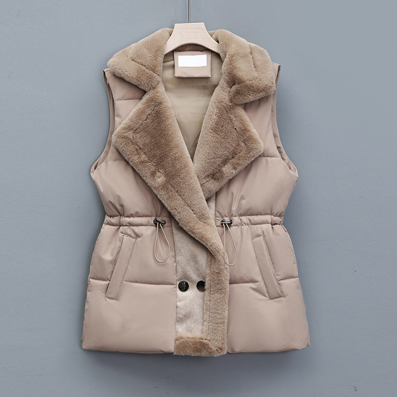 Gewatteerde bodywarmer voor dames met sjaalkraag van imitatiebont en taillekoord