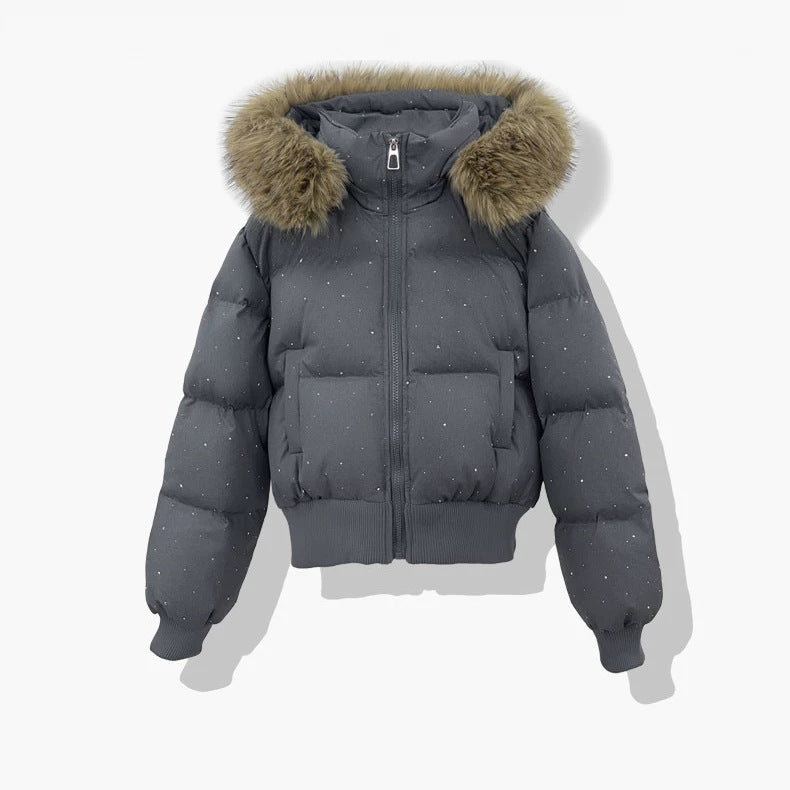 Korte doorgestikte blouson voor dames met afneembare capuchon