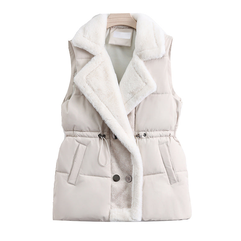 Gewatteerde bodywarmer voor dames met sjaalkraag van imitatiebont en taillekoord