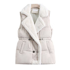 Gewatteerde bodywarmer voor dames met sjaalkraag van imitatiebont en taillekoord