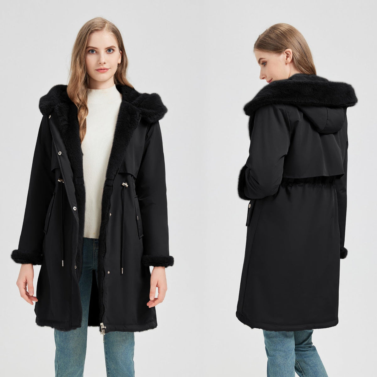 Lange parka voor dames met afneembare capuchon en verstelbaar koord in de taille
