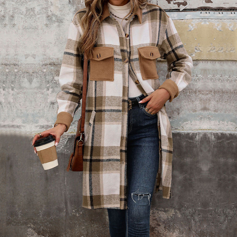 Geruit overshirt voor dames met zakken, knopen en lange mouwen