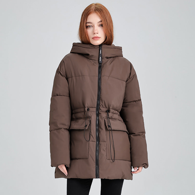 Halflange thermoparka voor dames met tunnelkoord in de taille en capuchon