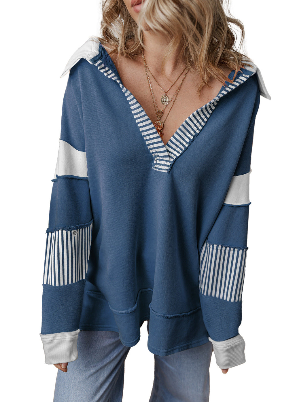 Oversized gestreepte sweater voor dames met V-hals