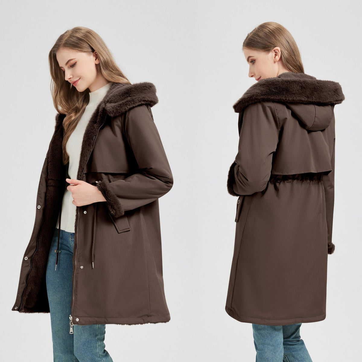 Lange parka voor dames met afneembare capuchon en verstelbaar koord in de taille