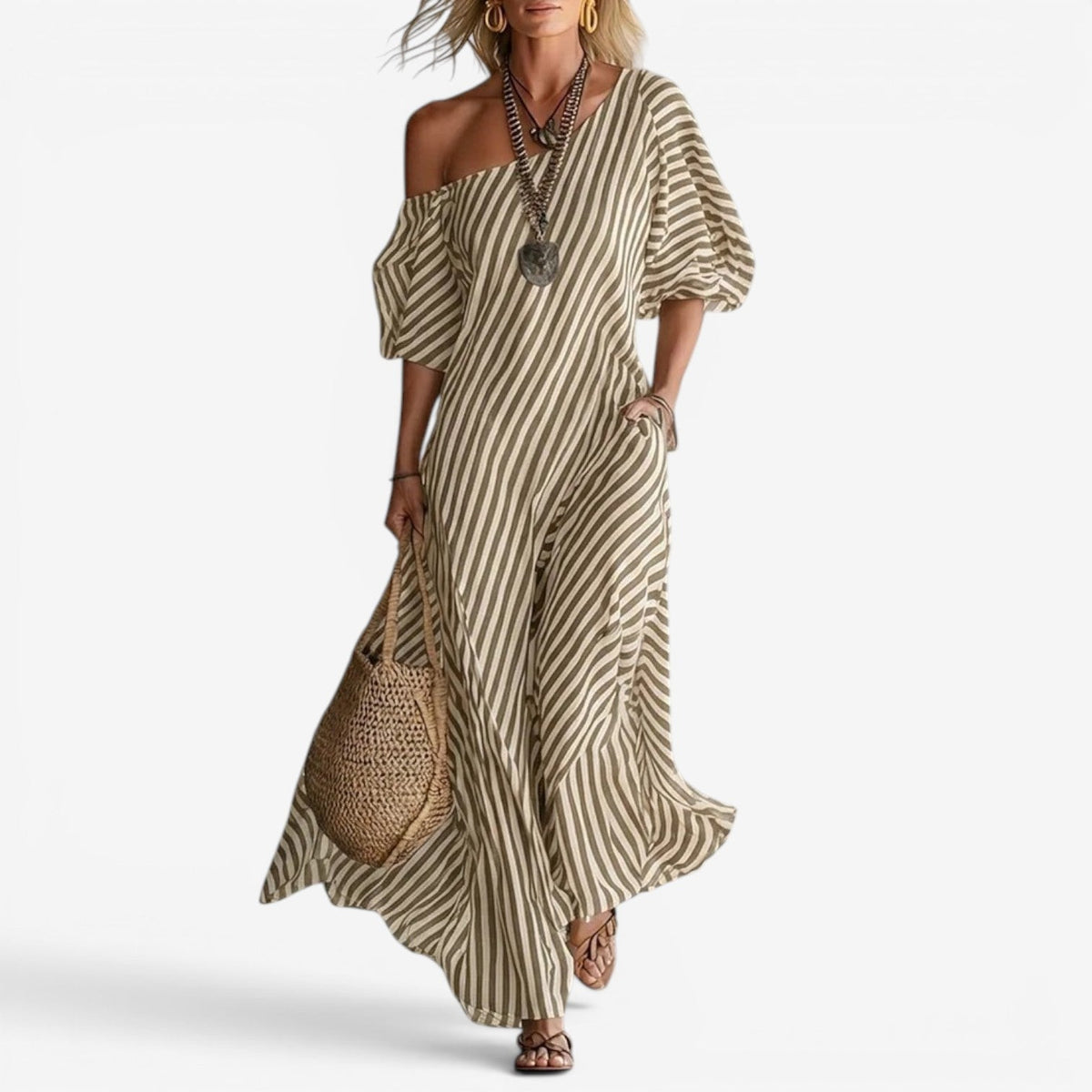 Inoni | Gestreepte off-shoulder maxi-jurk voor dames
