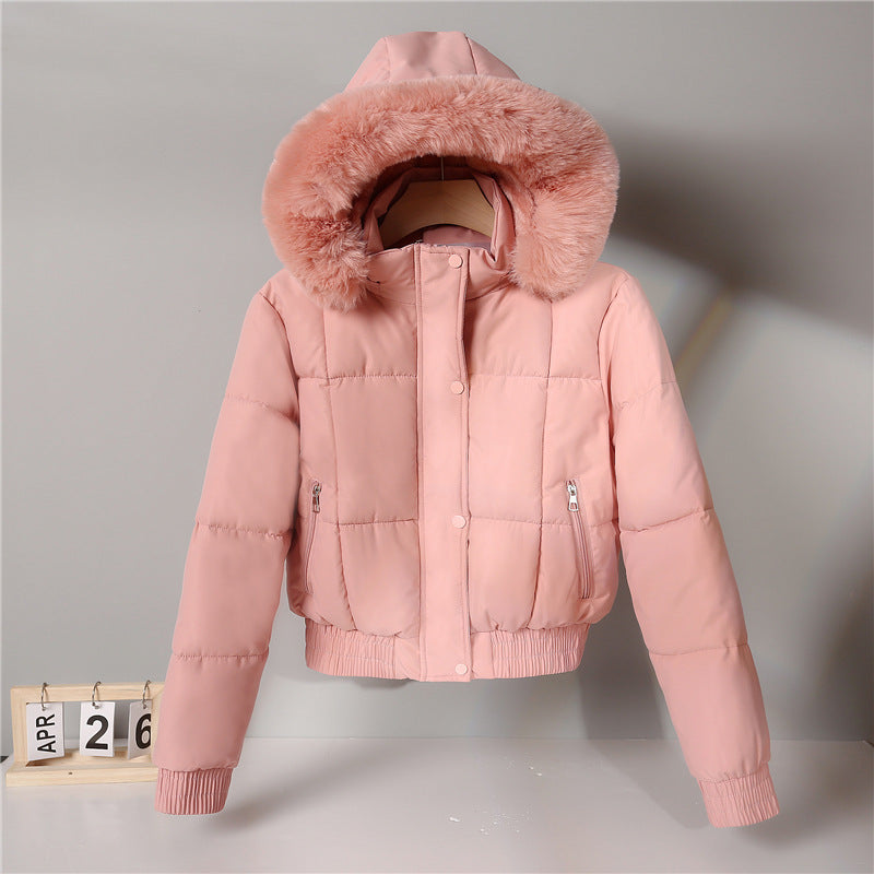 Korte gewatteerde blouson voor dames met capuchon en kraag van imitatiebont