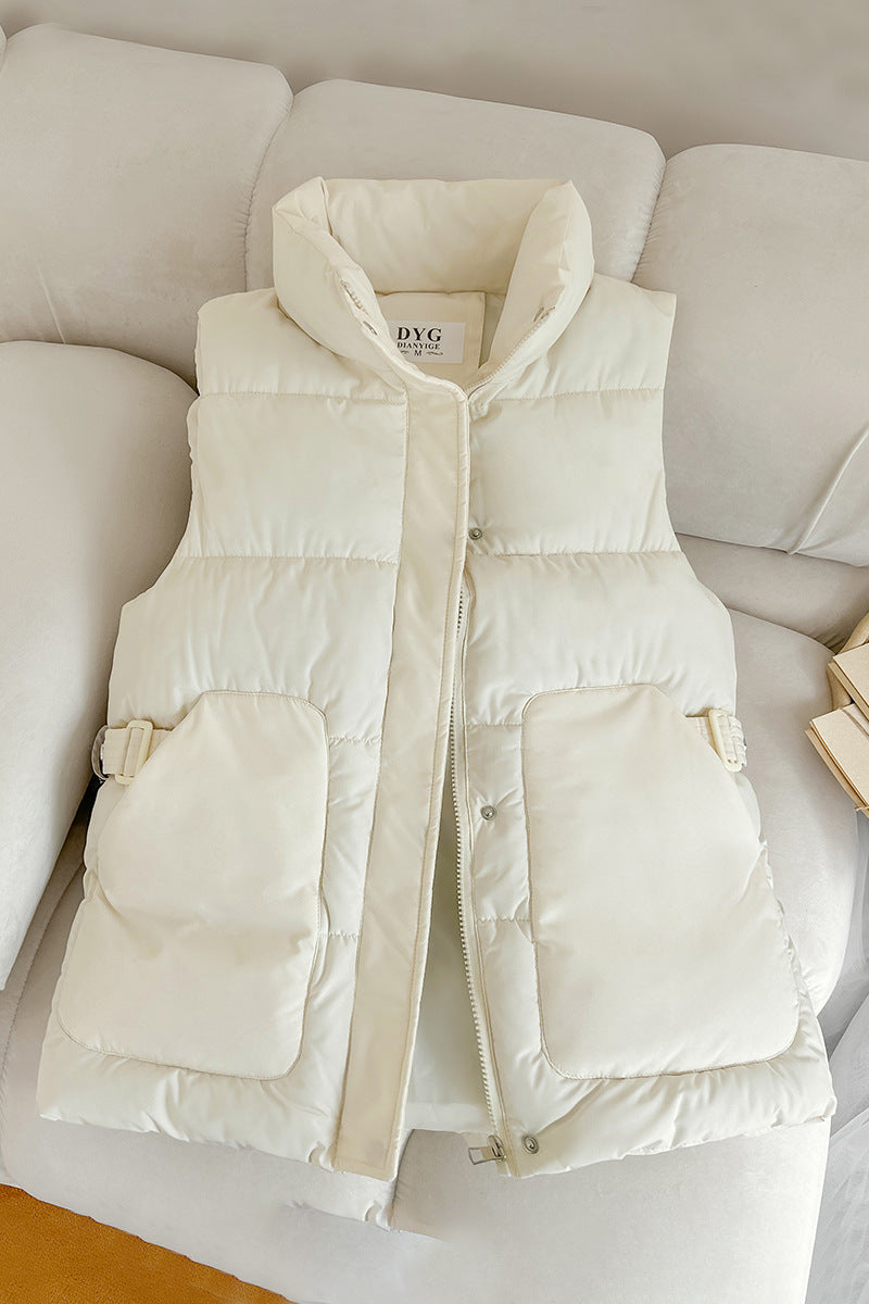Gewatteerde utility-bodywarmer voor dames met opstaande kraag en grote klepzakken