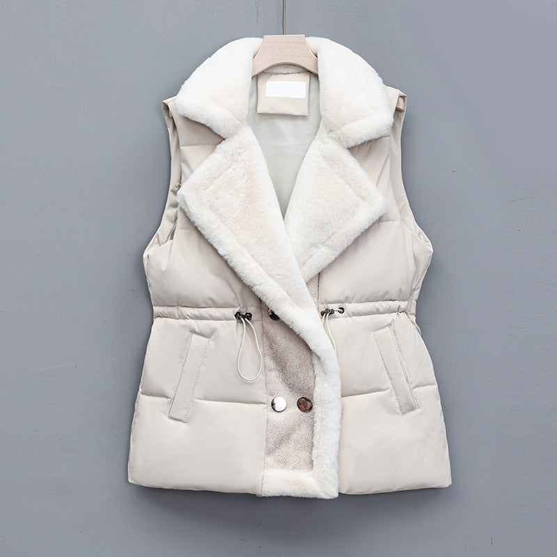 Gewatteerde bodywarmer voor dames met sjaalkraag van imitatiebont en taillekoord