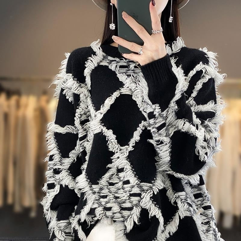 Oversized trui voor dames met ronde hals en franjes