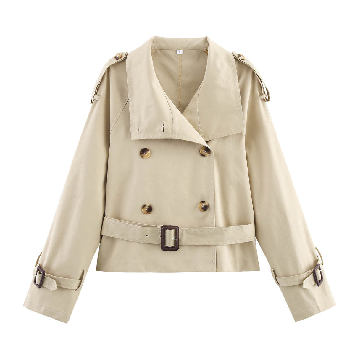 Korte trenchcoat voor dames met riem en dubbele knopenrij