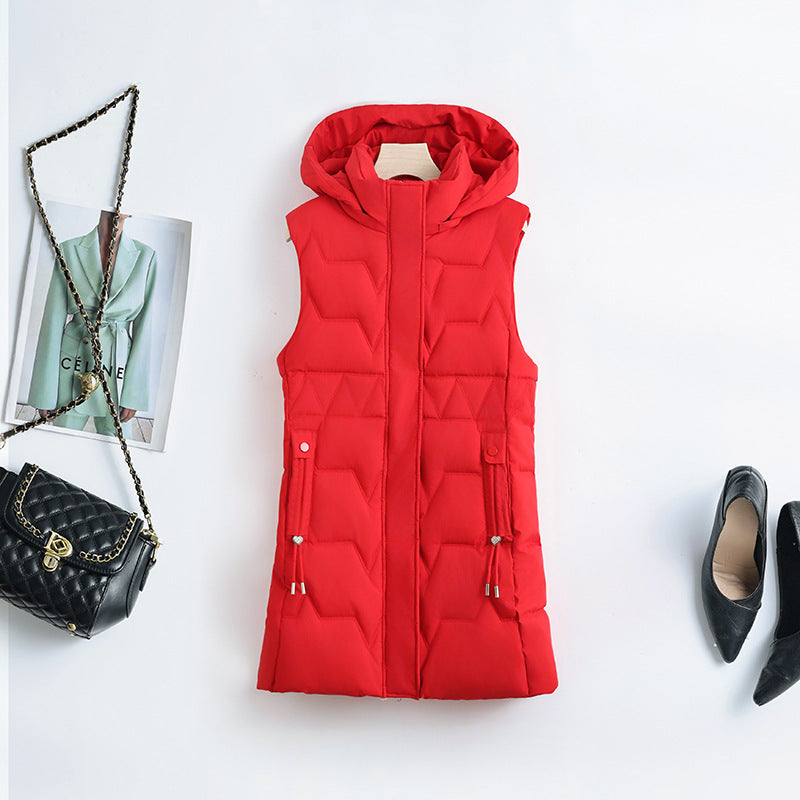 Lange doorgestikte bodywarmer voor dames met capuchon en koorden in de taille