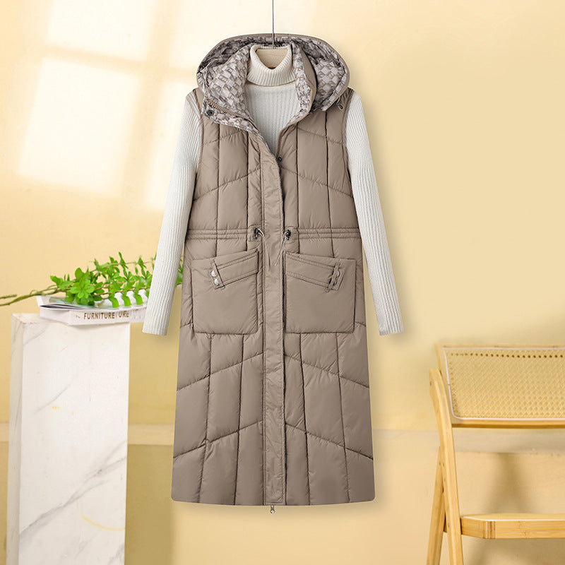 Lange gewatteerde bodywarmer voor dames met capuchon en multifunctionele zakken